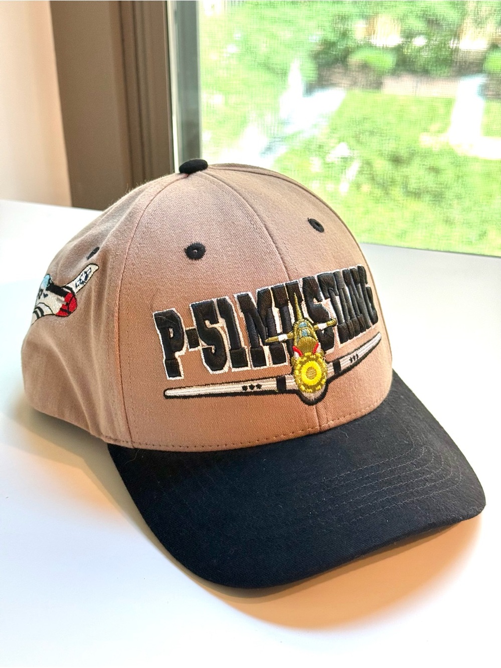 Commemorative Air Force P-51 Mustang Patriotic baseball cap tan crown black brim